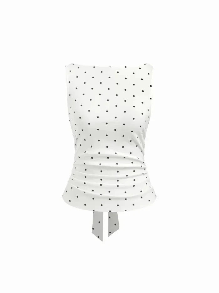Top Corto con Cuello Barco y Lazo Trasero Estampado de Lunares