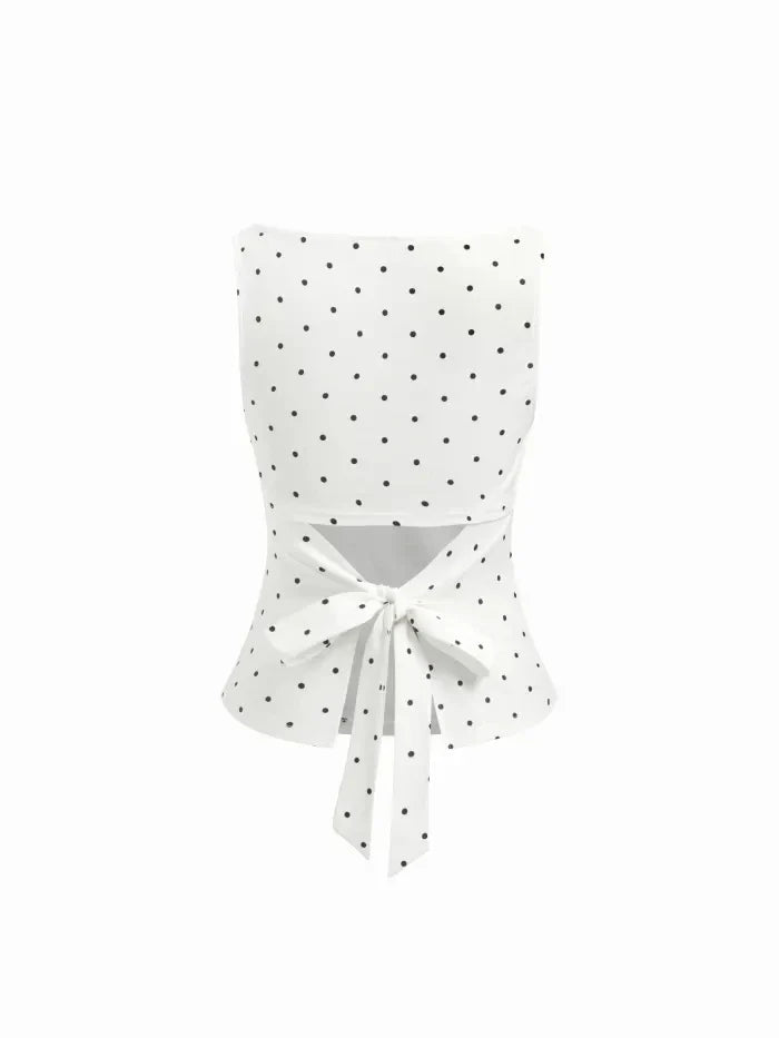 Top Corto con Cuello Barco y Lazo Trasero Estampado de Lunares