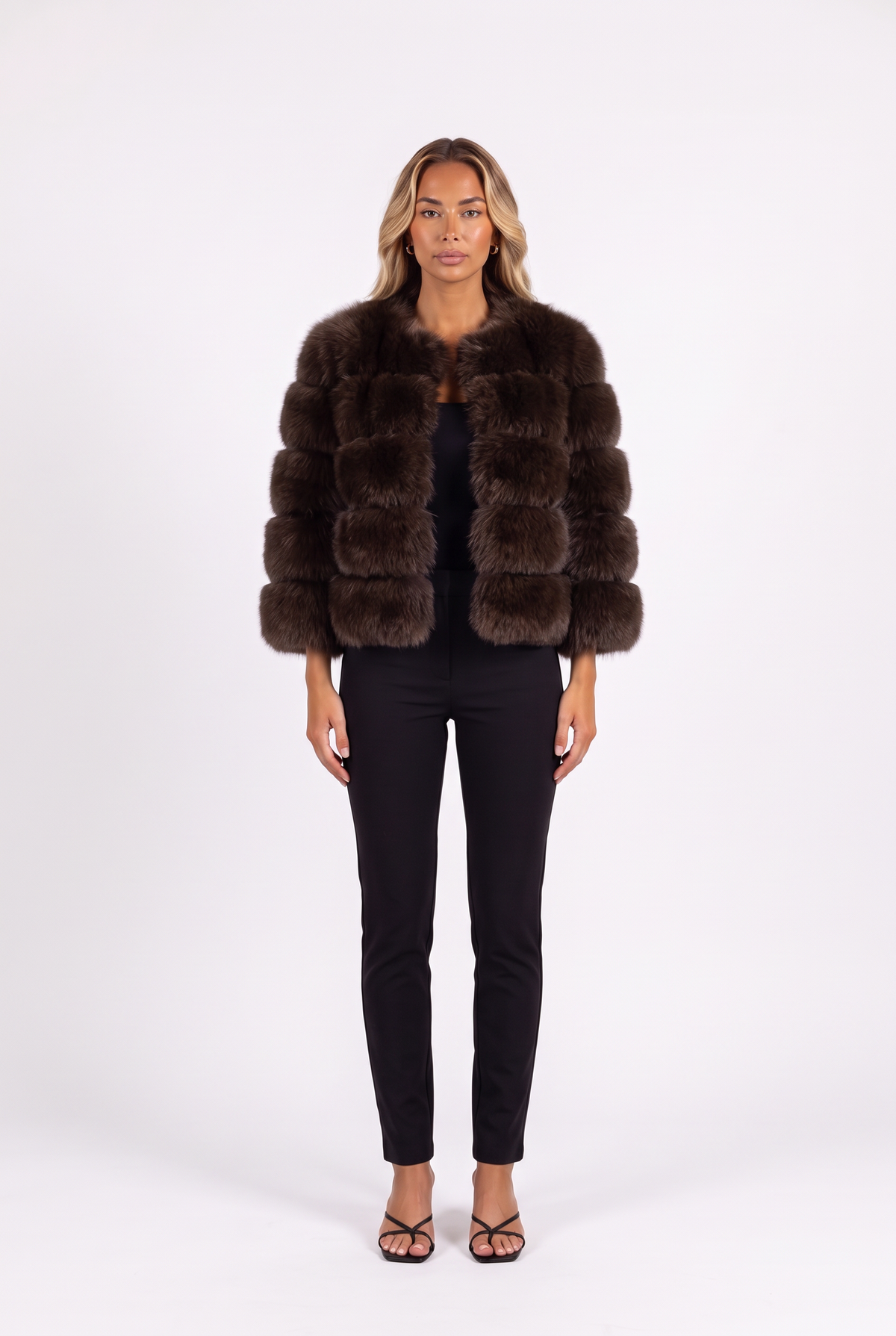 Coffee cropped faux fur jacket with three-quarter sleeves — front