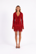 Fringe-trim knit top and mini skirt set in Red — front