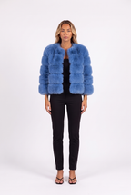 Blue cropped faux fur jacket with three-quarter sleeves — front