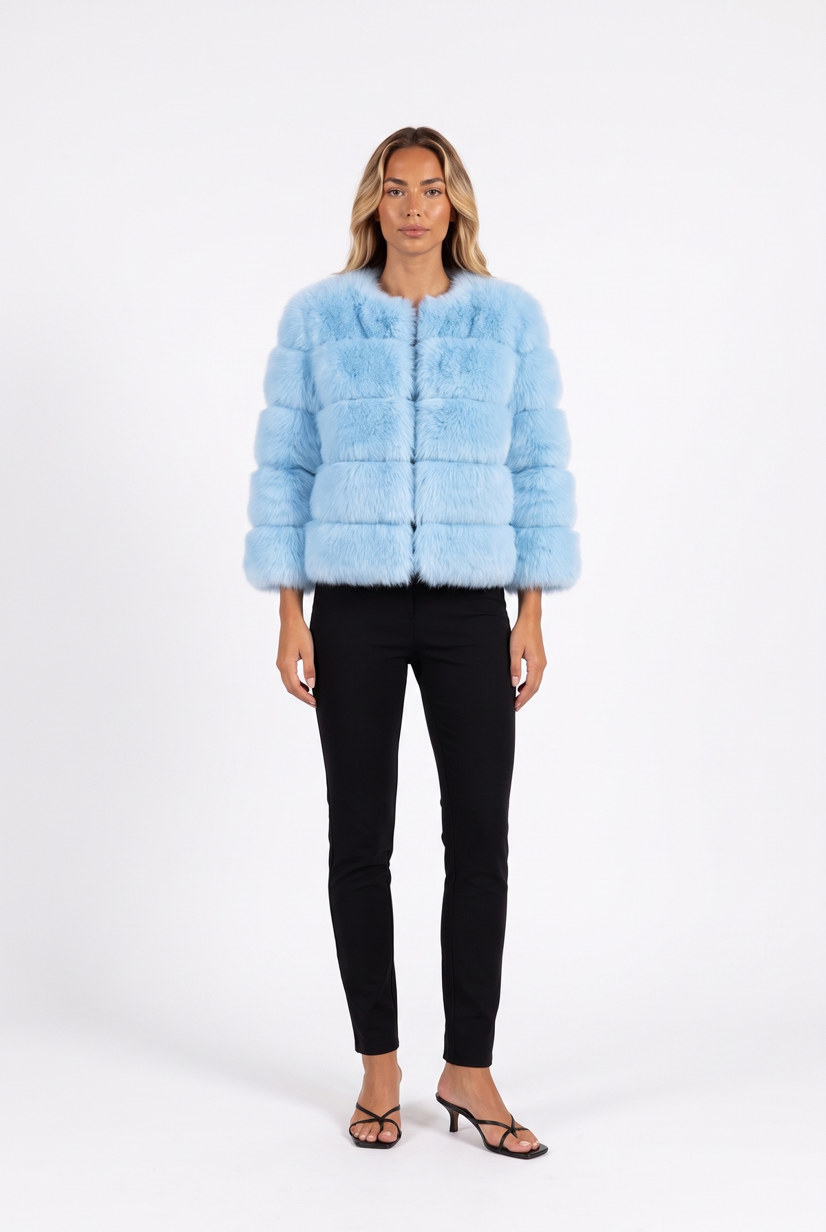 Light blue cropped faux fur jacket with three-quarter sleeves — front